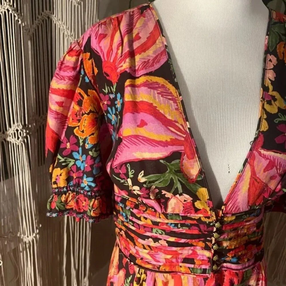 RARE Farm Rio Spring Banana Floral Mini Dress Pleated V-Neck Black XL - Picture 5 of 7